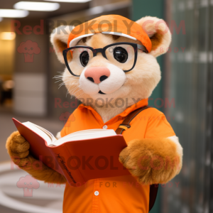 Orange Ferret mascot costume character dressed with a Henley Shirt and Reading glasses