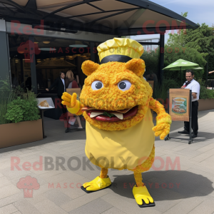 Yellow Pulled Pork Sandwich mascot costume character dressed with a Dress Pants and Clutch bags