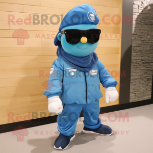 Blue Para Commando mascot costume character dressed with a Jacket and Eyeglasses