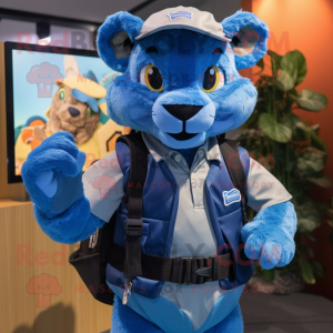 Blue Puma mascot costume character dressed with a Waistcoat and Backpacks