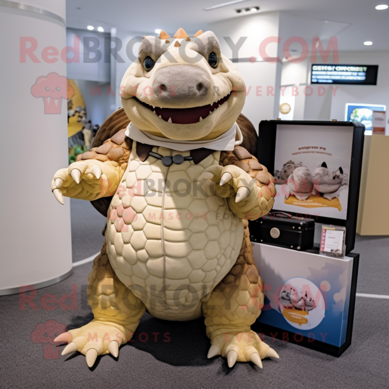 Cream Ankylosaurus mascot costume character dressed with a Romper and Briefcases