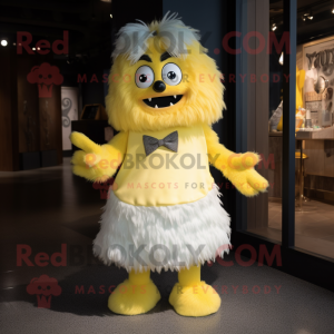 Lemon Yellow Yeti mascot costume character dressed with a Mini Dress and Bow ties