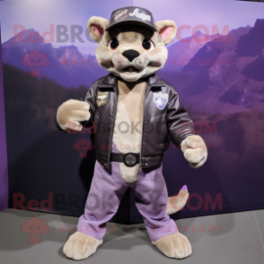 Lavender Mountain Lion mascot costume character dressed with a Leather Jacket and Pocket squares