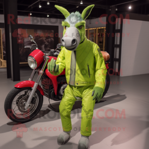 Lime Green Donkey mascot costume character dressed with a Moto Jacket and Suspenders