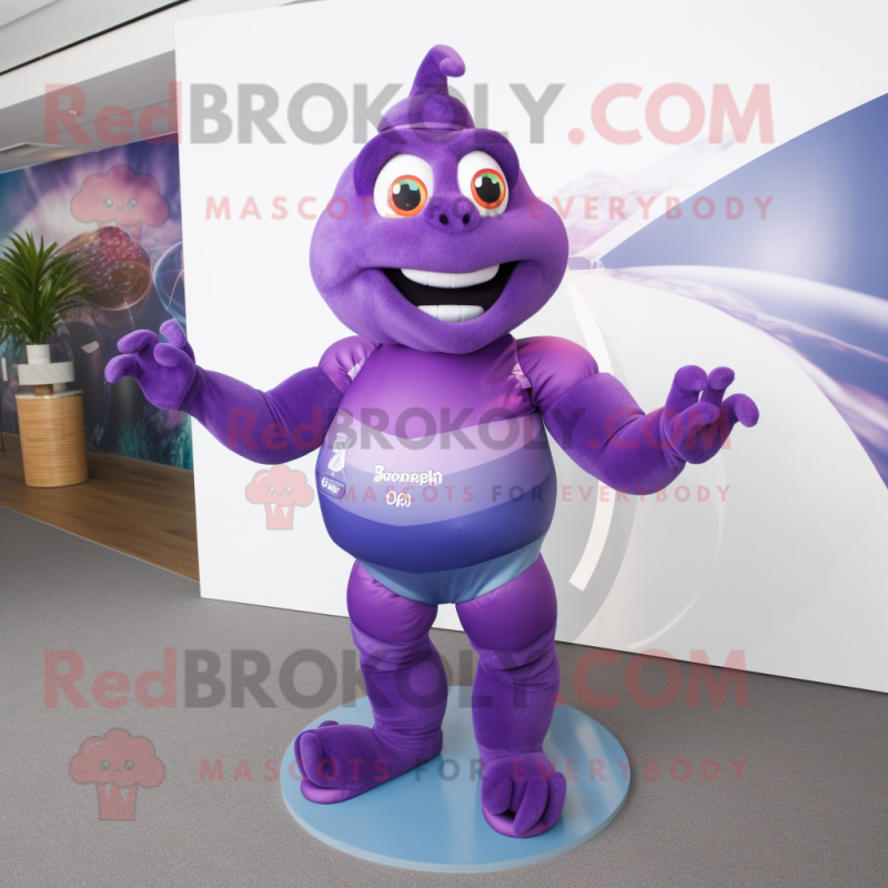 Purple Contortionist mascot costume character dressed with a One-Piece Swimsuit and Handbags