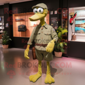 Olive Flamingo mascot costume character dressed with a Cargo Pants and Tie pins