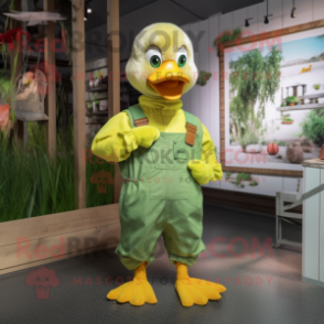 Lime Green Gosling mascot costume character dressed with a Dungarees and Suspenders