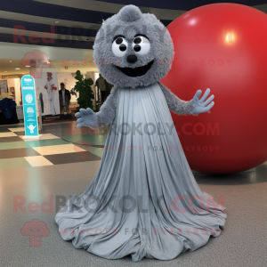 Gray Meatballs mascot costume character dressed with a Evening Gown and Foot pads