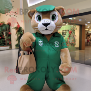 Forest Green Mountain Lion mascot costume character dressed with a Romper and Tote bags
