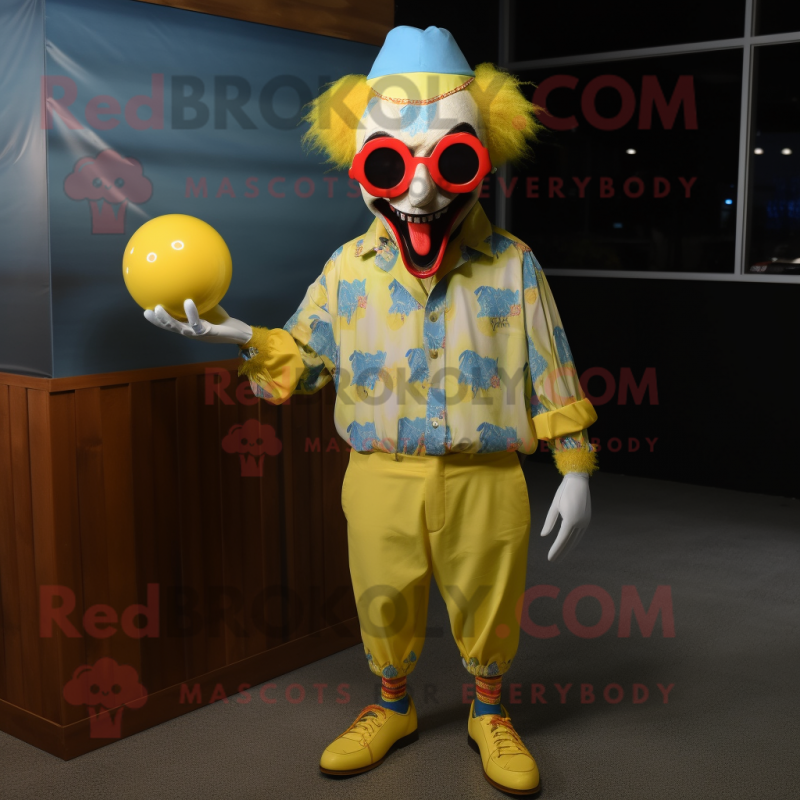 Lemon Yellow Evil Clown mascot costume character dressed with a Chambray Shirt and Sunglasses