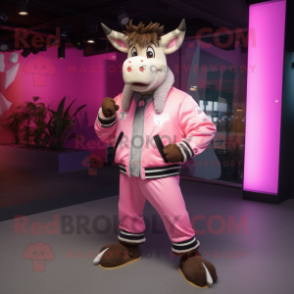 Pink Zebu mascot costume character dressed with a Bomber Jacket and Belts