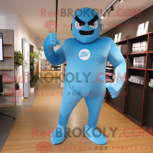 Sky Blue Superhero mascot...
