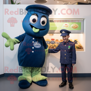 Navy Pesto Pasta mascot costume character dressed with a Playsuit and Watches