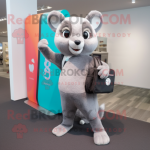 Gray Dormouse mascot costume character dressed with a Yoga Pants and Briefcases
