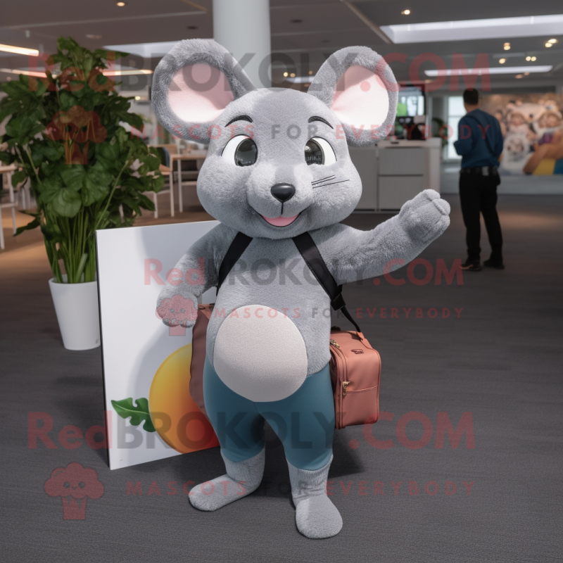 Gray Dormouse mascot costume character dressed with a Yoga Pants and Briefcases