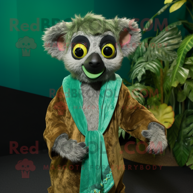 Green Lemur mascot costume character dressed with a Romper and Shawl pins