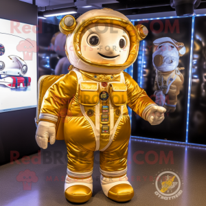 Gold Astronaut mascot costume character dressed with a Flannel Shirt and Tote bags