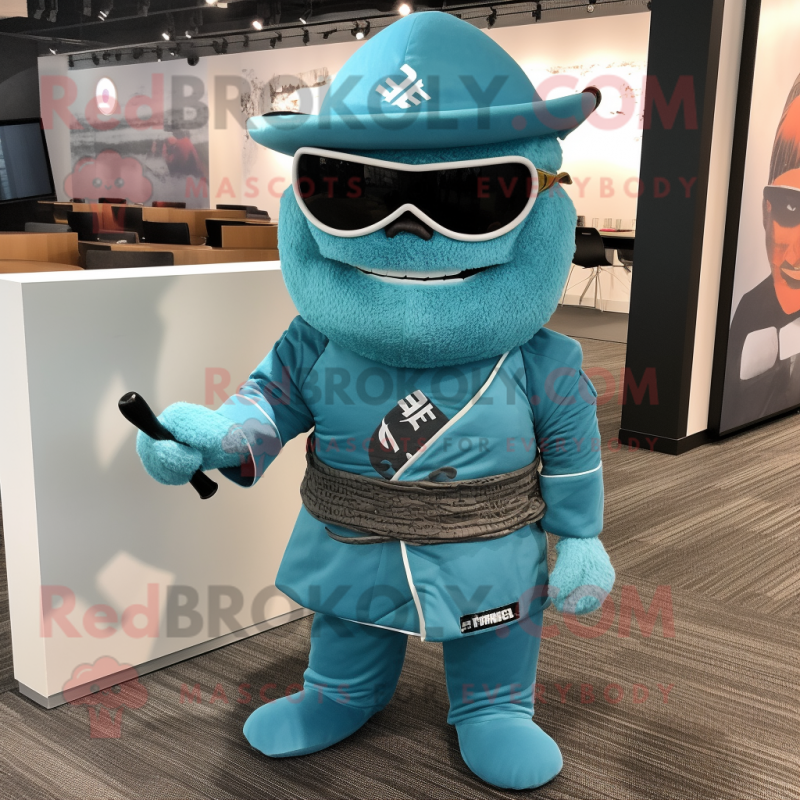 Cyan Samurai mascot costume character dressed with a Henley Shirt and Eyeglasses