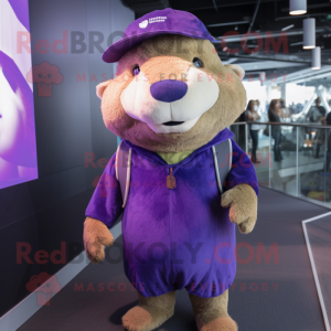 Purple Capybara mascot costume character dressed with a Skinny Jeans and Berets