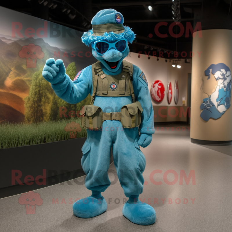 Turquoise American Soldier mascot costume character dressed with a Jumpsuit and Bracelets