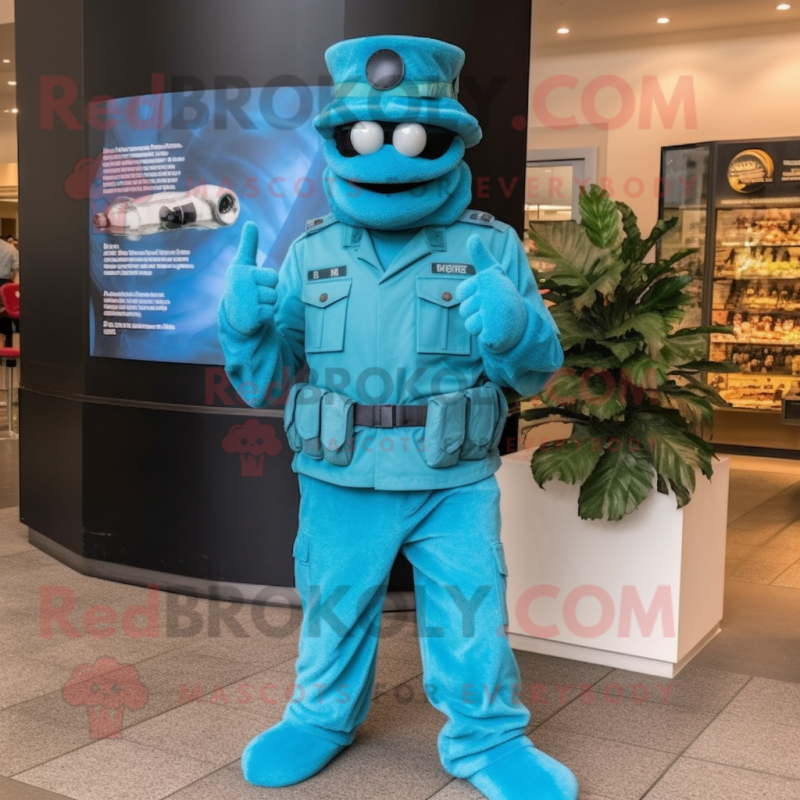 Turquoise American Soldier mascot costume character dressed with a Jumpsuit and Bracelets