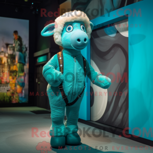Cyan Sheep mascot costume...