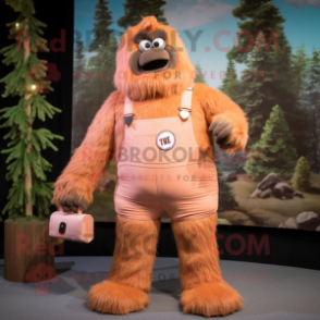 Peach Sasquatch mascot costume character dressed with a Dungarees and Coin purses