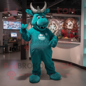 Teal Moose mascot costume character dressed with a Jumpsuit and Smartwatches