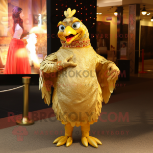 Gold Tandoori Chicken mascot costume character dressed with a Evening Gown and Belts