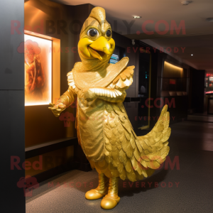 Gold Tandoori Chicken mascot costume character dressed with a Evening Gown and Belts