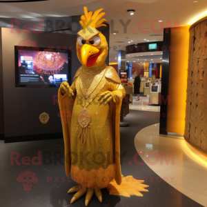 Gold Tandoori Chicken mascot costume character dressed with a Evening Gown and Belts