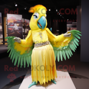 Lemon Yellow Macaw mascot costume character dressed with a Pleated Skirt and Brooches