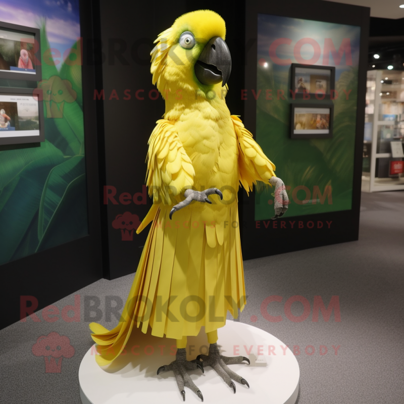 Lemon Yellow Macaw mascot costume character dressed with a Pleated Skirt and Brooches