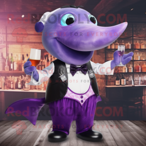 Purple Humpback Whale mascot costume character dressed with a Cocktail Dress and Bow ties