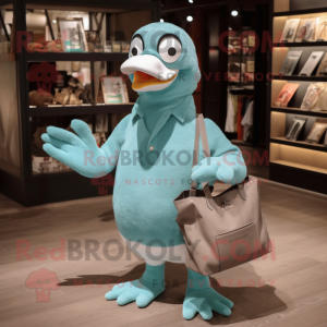 Turquoise Pigeon mascot costume character dressed with a Henley Tee and Tote bags