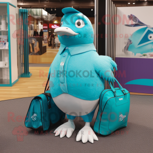 Turquoise Pigeon mascot costume character dressed with a Henley Tee and Tote bags