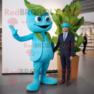 Sky Blue Beanstalk mascot costume character dressed with a Suit and Watches