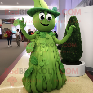 Olive Beanstalk mascot costume character dressed with a Evening Gown and Messenger bags