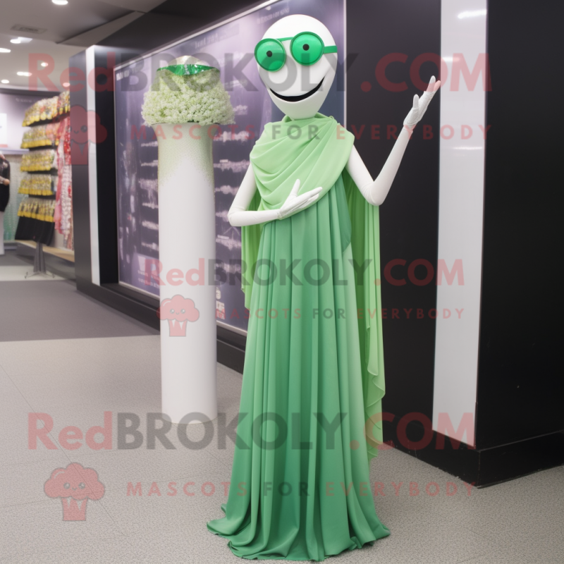 Green Stilt Walker mascot costume character dressed with a Wedding Dress and Scarf clips