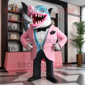 Pink Megalodon mascot costume character dressed with a Tuxedo and Belts