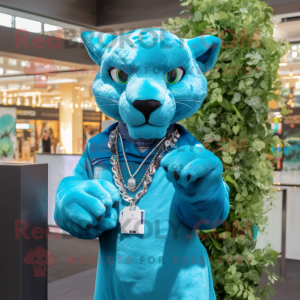 Cyan Puma maskot kostym...