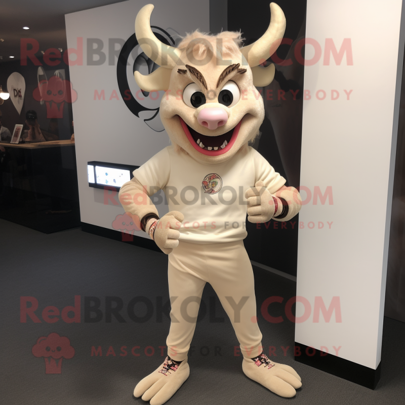 Beige Devil mascot costume character dressed with a Joggers and Bracelet watches