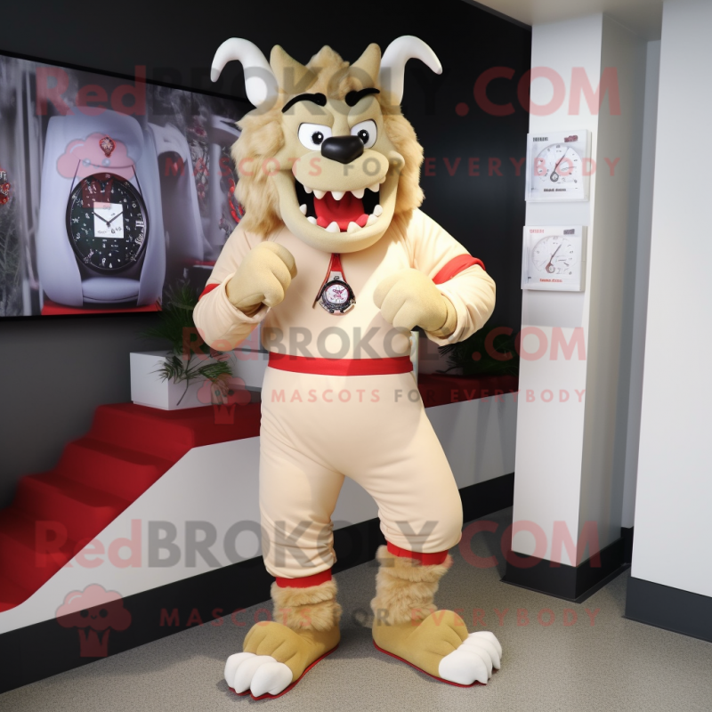 Beige Devil mascot costume character dressed with a Joggers and Bracelet watches