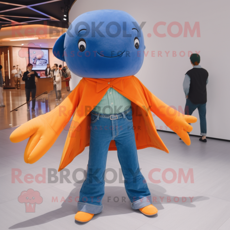 Orange Blue Whale mascot costume character dressed with a Flare Jeans and Brooches