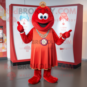 Red Tikka Masala mascot costume character dressed with a V-Neck Tee and Rings