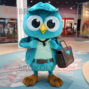 Turquoise Owl mascot costume character dressed with a Poplin Shirt and Wallets