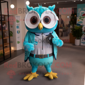 Turquoise Owl mascot costume character dressed with a Poplin Shirt and Wallets