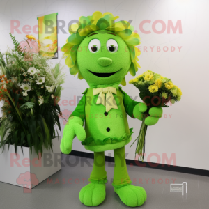 Lime Green Bouquet Of Flowers mascot costume character dressed with a Cardigan and Hairpins