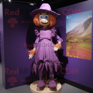 Purple Scarecrow mascot costume character dressed with a Mini Skirt and Shoe clips