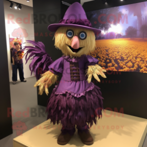 Purple Scarecrow mascot costume character dressed with a Mini Skirt and Shoe clips